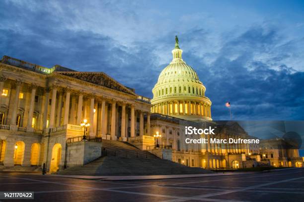 Front Facade Of Washington Dc Capitol At Night Stock Photo - Download Image Now - Washington DC, Capitol Building - Washington DC, Congress