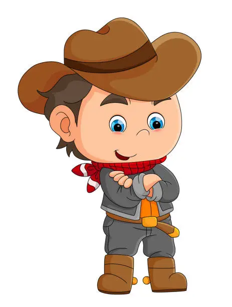 Vector illustration of The little cowboy wearing the hat and standing cross the hand