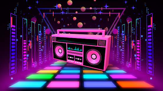 Retro Boombox music party neon, 3D rendering.