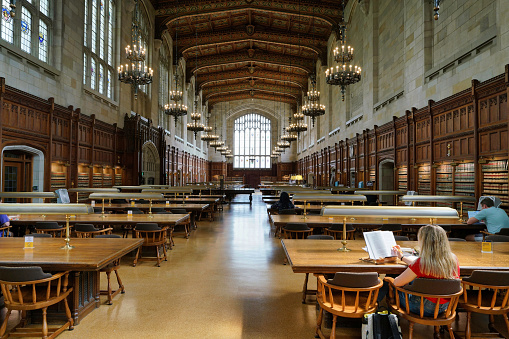 Ann Arbor, Michigan, USA - August 28, 2022: Ornate gothic style interior of the library of the University of Michigan Law School