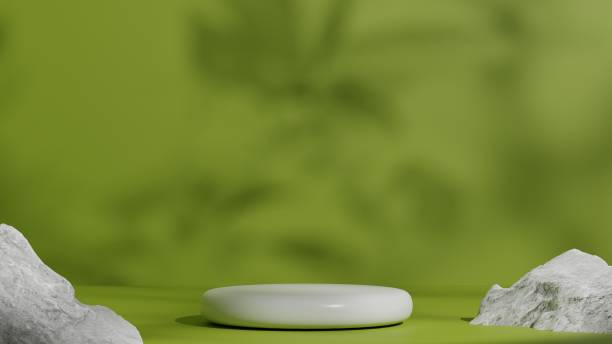 istock white natural pedestal or podium with green backdrop, empty platform for product showcase, 3D Rendering 1421173138