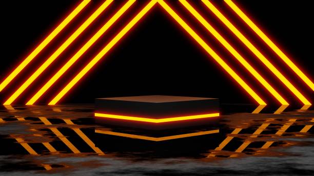 piédestal ou maquette sur podium avec néon jaune, plate-forme vide pour la présentation du produit, rendu 3d - laser nightclub performance illuminated photos et images de collection
