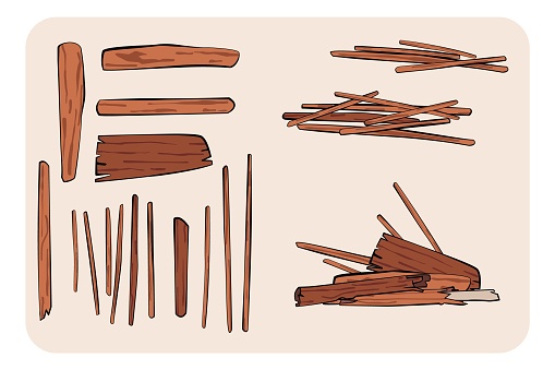 Hand drawn tree log and wood stick bundle. Isolated vector cartoon illustration. Flat design with outline.