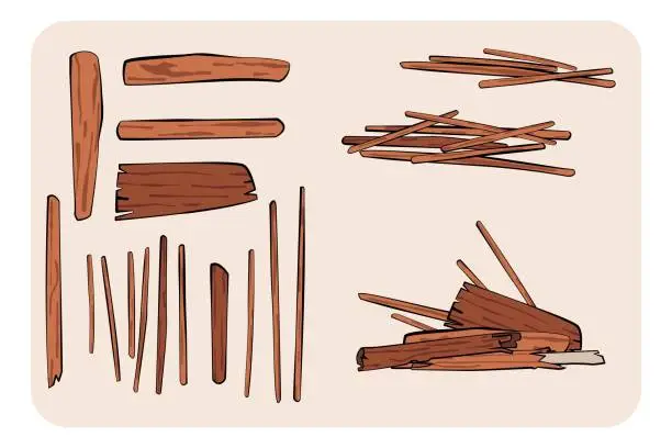 Vector illustration of Hand drawn tree log and wood stick bundle. Isolated vector cartoon illustration. Flat design with outline.