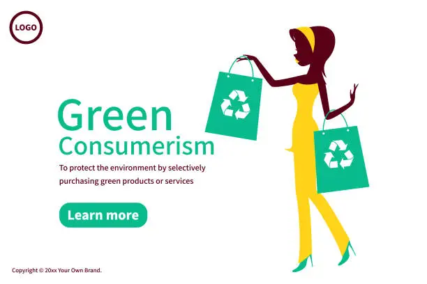 Vector illustration of Sustainable fashion and Green Consumerism, a teenage girl holding eco bags that have a recycling symbol