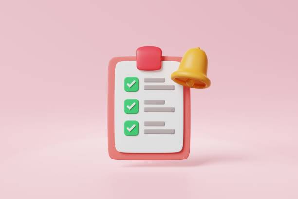 istock Pink clipboard with checklist paper sheet green checkbox correct check mark and alarm bell on pink background. Minimal completed checkmark choice box task list for business planning. 3d rendering 1421175200