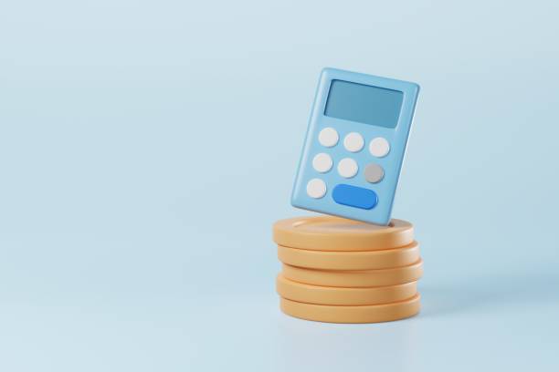 istock Minimal style math financial calculator with stacking coins on blue background. Business investment budget balance, income tax, economy analysis, money savings, accounting work concept. 3d rendering 1421175258