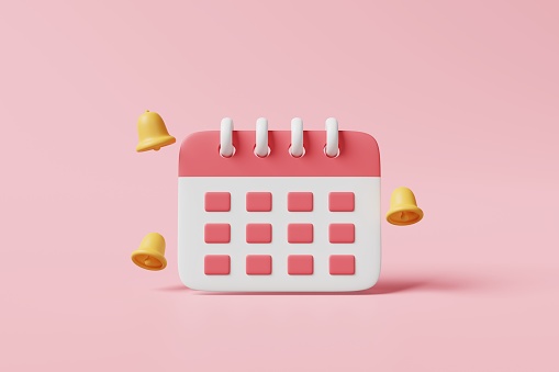 Minimal monthly calendar with alarm bell notification icon on pink background. Business appointment, meeting schedule agenda planning and management. daily job, event reminder concept. 3d rendering