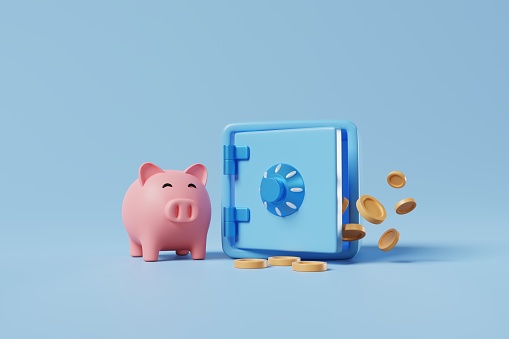 3d blue safe box with money coins and pink piggy bank on blue background. Money savings for retirement in a strongbox, inflations, pension, financial security protection system concept. 3d rendering