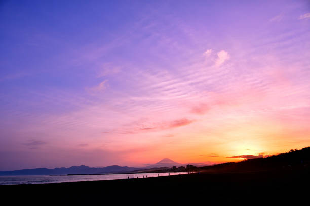 Chigasaki coast and Mt. Fuji at dusk.The coast of Chigasaki City, Kanagawa Prefecture, Japan.
