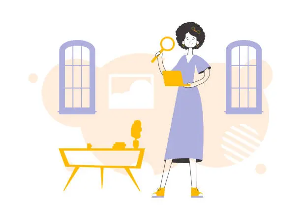 Vector illustration of A woman holds a magnifying glass and a laptop in her hands. Job Search Theme. H.R. Linear style.