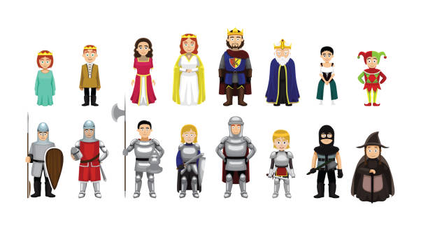 illustrations, cliparts, dessins animés et icônes de chevalier roi lord lady jeu de personnages médiéval dessin animé vector illustration - royaume