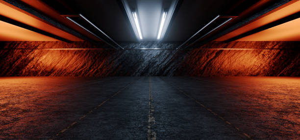 istock Big Underground Fallout Shelter Bunker Hangar Car Garage Showroom Studio Asphalt Mountain Rock Wall Dark Tunnel Corridor Sci Fi Futuristic Spaceship 3d Rendering 1421191445