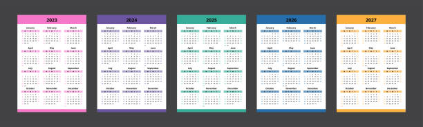 Calendar 2023, 2024, 2025, 2026, 2027. Colorful calendar template design. Week start on Sunday. Calendar 2023, 2024, 2025, 2026, 2027. Colorful calendar template design. Week start on Sunday. 2024 stock illustrations