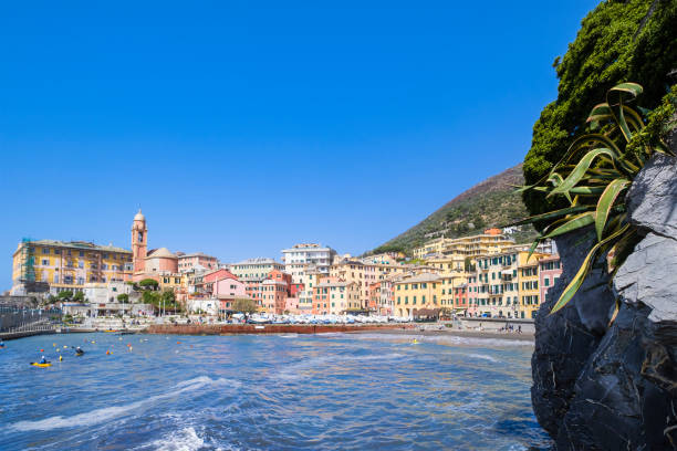 istock Small harbor in Nervi, Genoa, bordered by colorful buildings 1421198929