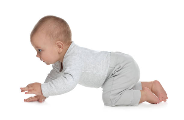 istock Cute little baby crawling on white background 1421199611