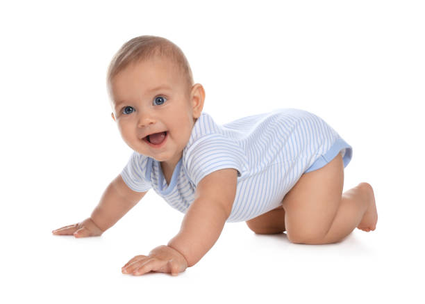 istock Cute little baby boy crawling on white background 1421199770
