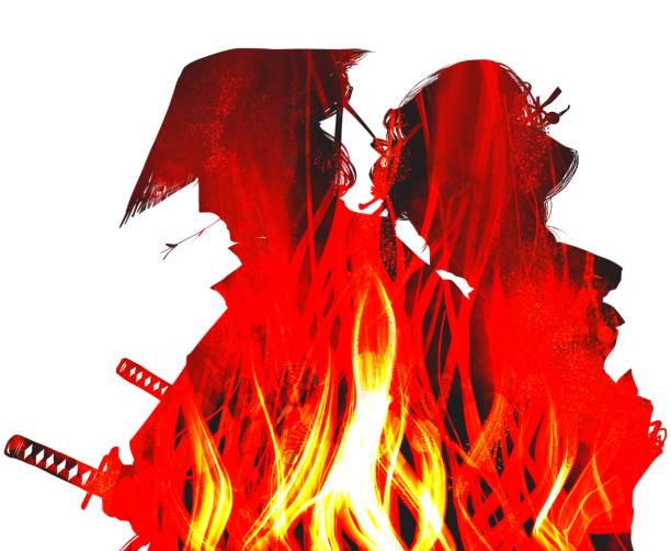 istock Silhouette illustration of a flame embracing a sad young samurai and a town girl in Edo who is sad to say goodbye and white background 1421207074