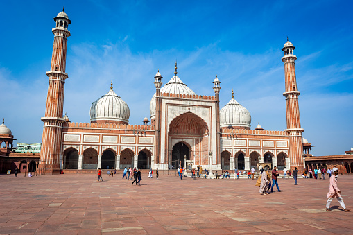 Delhi, India - March  09, 2022: Jama Masjid, Old town of Delhi, India.