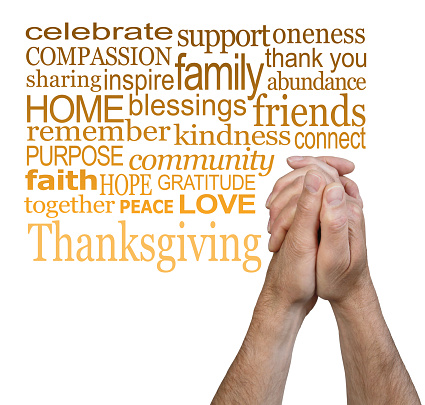 male hands in prayer position beside a square shape word cloud relevant to Thanksgiving on a white background