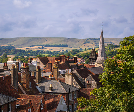 Over the rooftops to Kingston ridge on the south downs from the west tower Lewes Castle east Sussex south east England