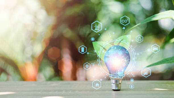 Industrial emissions pollute the environment and ecology. including climate change ,Carbon Reduction Agreement from Renewable Energy Reduce greenhouse gas emissions,The lamp is placed on the table.