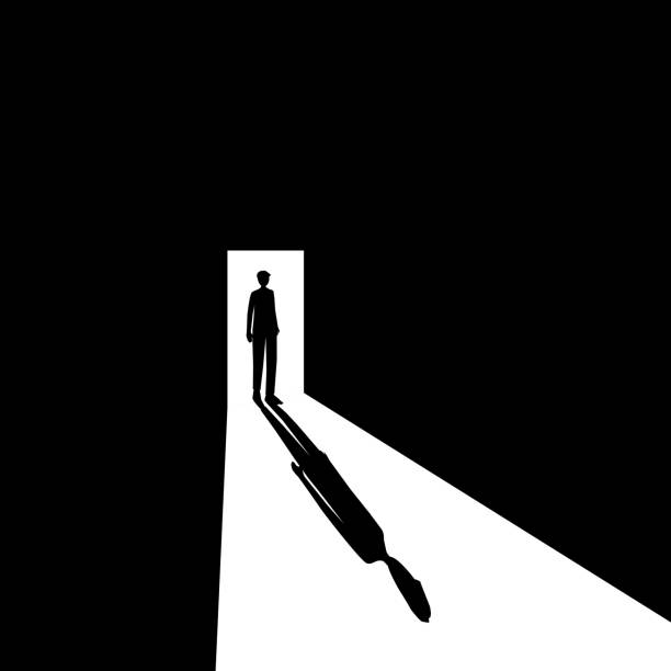 ilustrações de stock, clip art, desenhos animados e ícones de a man standing in front of the door black and white silhouette - challenge outline choice business