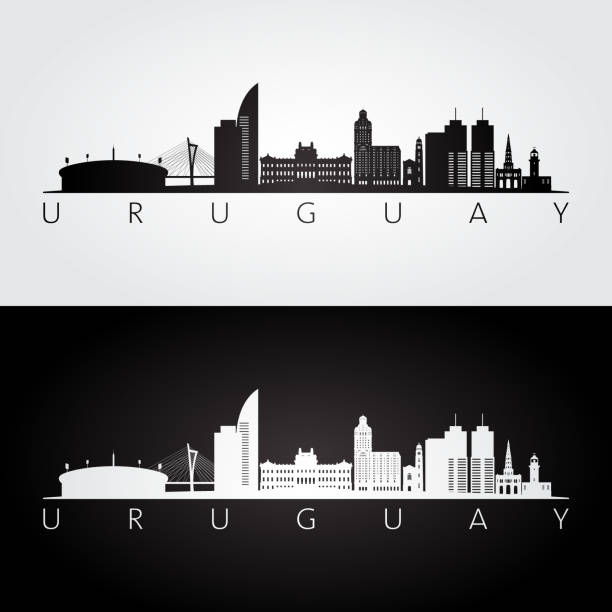 ilustraciones, imágenes clip art, dibujos animados e iconos de stock de silueta del horizonte uruguayo y puntos de referencia, diseño en blanco y negro, ilustración vectorial. - montevideo uruguay town square travel