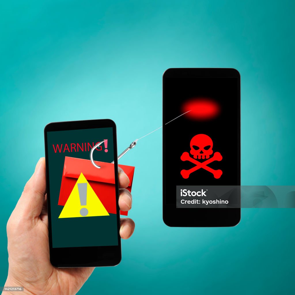 Smartphone Phishing Scams E-mail on fishing hook on the screen of a smartphone against blue background. 
Scam and phishing concept. Alarm Stock Photo