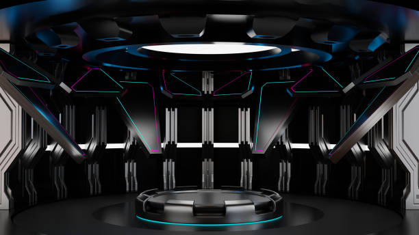 istock Podium in spaceship or space station interior, Sci Fi tunnel, stage for product presentation, 3D rendering. 1421214039