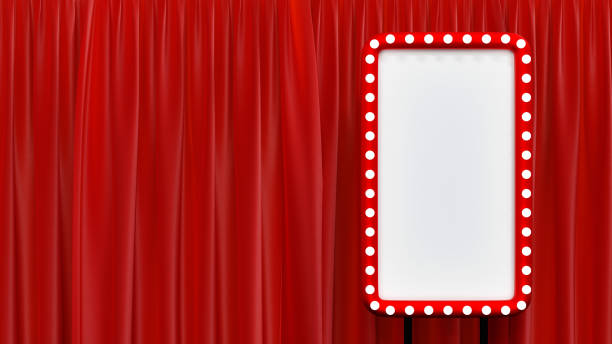 istock Blank mock up red billboard with light bulb on stage theatre or opera with red curtain and Spotlight, 3D rendering. 1421214625