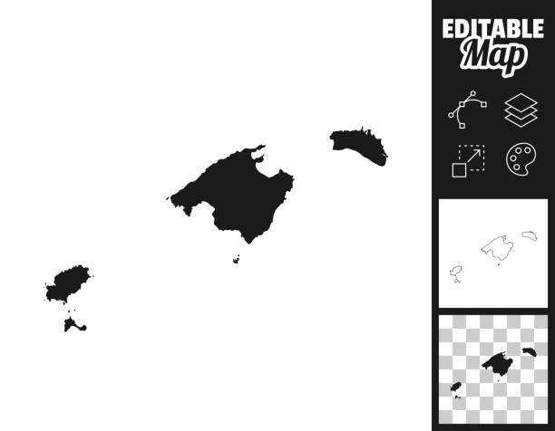 Balearic Islands maps for design. Easily editable Map of Balearic Islands for your own design. Three maps with editable stroke included in the bundle: - One black map on a white background. - One line map with only a thin black outline in a line art style (you can adjust the stroke weight as you want). - One map on a blank transparent background (for change background or texture). The layers are named to facilitate your customization. Vector Illustration (EPS file, well layered and grouped). Easy to edit, manipulate, resize or colorize. Vector and Jpeg file of different sizes. balearic islands stock illustrations