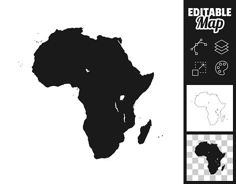 Map of Africa for your own design. Three maps with editable stroke included in the bundle: - One black map on a white background. - One line map with only a thin black outline in a line art style (you can adjust the stroke weight as you want). - One map on a blank transparent background (for change background or texture). The layers are named to facilitate your customization. Vector Illustration (EPS file, well layered and grouped). Easy to edit, manipulate, resize or colorize. Vector and Jpeg file of different sizes.