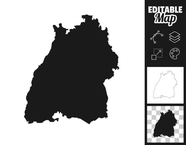 Baden-Wurttemberg maps for design. Easily editable Map of Baden-Wurttemberg for your own design. Three maps with editable stroke included in the bundle: - One black map on a white background. - One line map with only a thin black outline in a line art style (you can adjust the stroke weight as you want). - One map on a blank transparent background (for change background or texture). The layers are named to facilitate your customization. Vector Illustration (EPS file, well layered and grouped). Easy to edit, manipulate, resize or colorize. Vector and Jpeg file of different sizes. baden württemberg stock illustrations