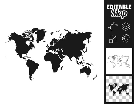 Map of World for your own design. Three maps with editable stroke included in the bundle: - One black map on a white background. - One line map with only a thin black outline in a line art style (you can adjust the stroke weight as you want). - One map on a blank transparent background (for change background or texture). The layers are named to facilitate your customization. Vector Illustration (EPS file, well layered and grouped). Easy to edit, manipulate, resize or colorize. Vector and Jpeg file of different sizes.