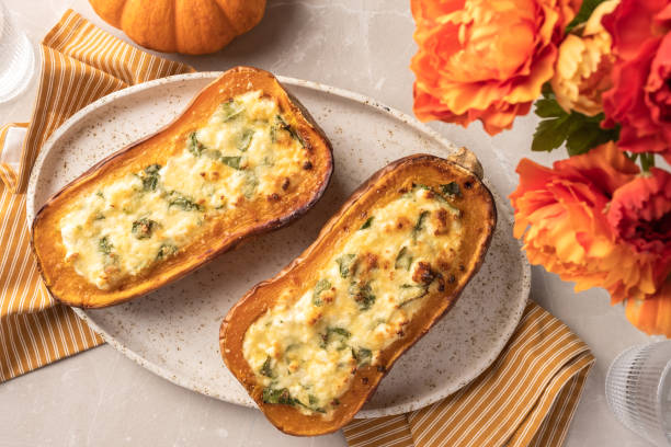 Baked Butternut Squash Stuffed with Spinach and cheese