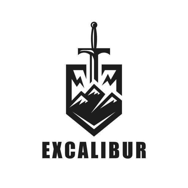 Excalibur sword in rock icon Excalibur icon. Sword in rock emblem. Mountain with sword in stone and shield symbol. Vector illustration. knights templar stock illustrations