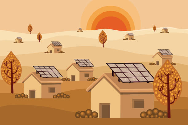 태양전지판이 있는 지속 가능한 마을 - solar power station solar panel sun house stock illustrations