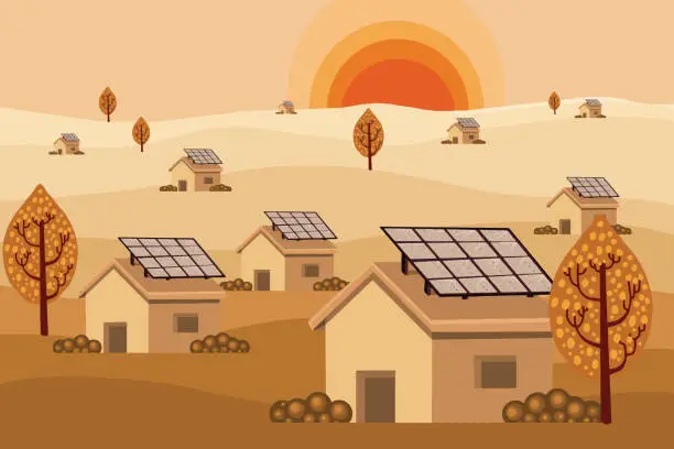 Vector illustration of Sustainable village with solar panels