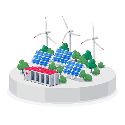Renewable energy electric power station smart grid system. Isolated vector illustration of photovoltaic solar panels, wind turbines and rechargeable li-ion battery energy storage for off-grid backup.