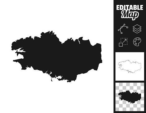 Map of Brittany for your own design. Three maps with editable stroke included in the bundle: - One black map on a white background. - One line map with only a thin black outline in a line art style (you can adjust the stroke weight as you want). - One map on a blank transparent background (for change background or texture). The layers are named to facilitate your customization. Vector Illustration (EPS file, well layered and grouped). Easy to edit, manipulate, resize or colorize. Vector and Jpeg file of different sizes.