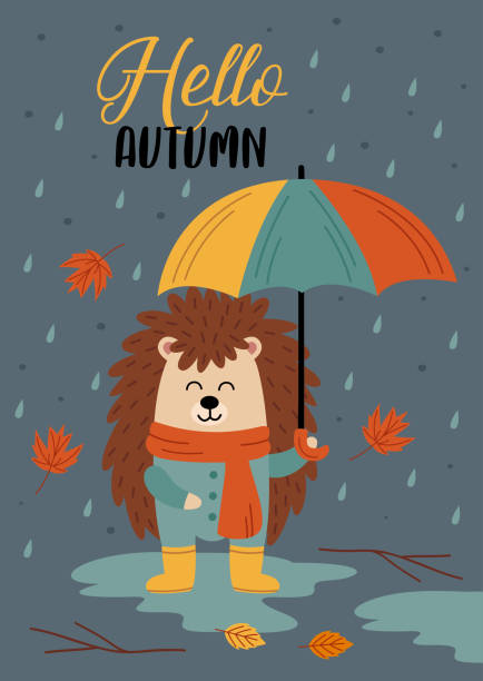 autumn poster with cute hedgehog and rain vector art illustration