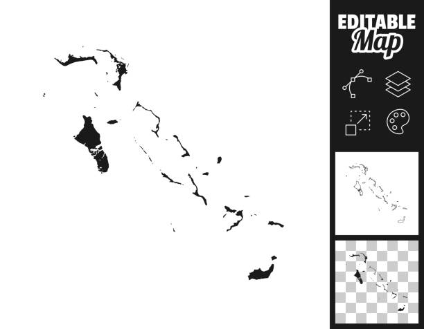 Bahamas maps for design. Easily editable Map of Bahamas for your own design. Three maps with editable stroke included in the bundle: - One black map on a white background. - One line map with only a thin black outline in a line art style (you can adjust the stroke weight as you want). - One map on a blank transparent background (for change background or texture). The layers are named to facilitate your customization. Vector Illustration (EPS file, well layered and grouped). Easy to edit, manipulate, resize or colorize. Vector and Jpeg file of different sizes. bahamas map stock illustrations