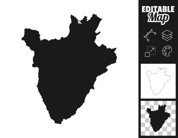 Burundi maps for design. Easily editable Map of Burundi for your own design. Three maps with editable stroke included in the bundle: - One black map on a white background. - One line map with only a thin black outline in a line art style (you can adjust the stroke weight as you want). - One map on a blank transparent background (for change background or texture). The layers are named to facilitate your customization. Vector Illustration (EPS file, well layered and grouped). Easy to edit, manipulate, resize or colorize. Vector and Jpeg file of different sizes. burundi east africa stock illustrations