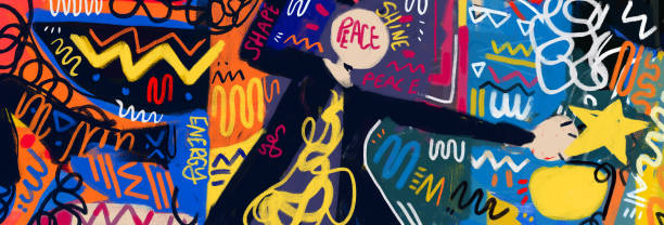 illustrations, cliparts, dessins animés et icônes de bannière urbaine art mural graffiti de personnes et peinture, paix et étoiles doodle - blue background french culture european culture france