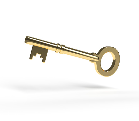 Golden key on white background. 3D illustration