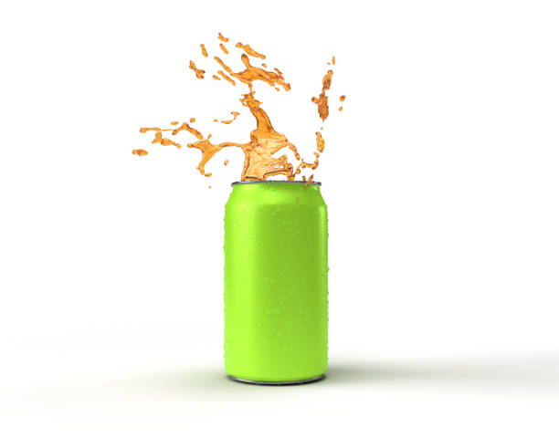 istock Green aluminum can splashing drink. 3D render 1421219064