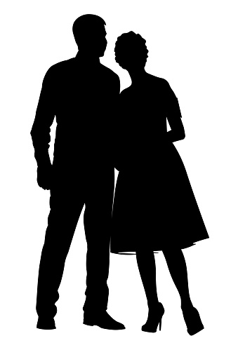 the bride and groom are standing side by side, black and white silhouettes