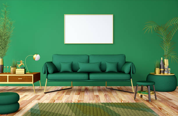 istock Luxury interior with green sofa, wooden commode, pouf, plants, carpet, gold decoration, mock up poster frame. Modern living room. 3d rendering 1421223401