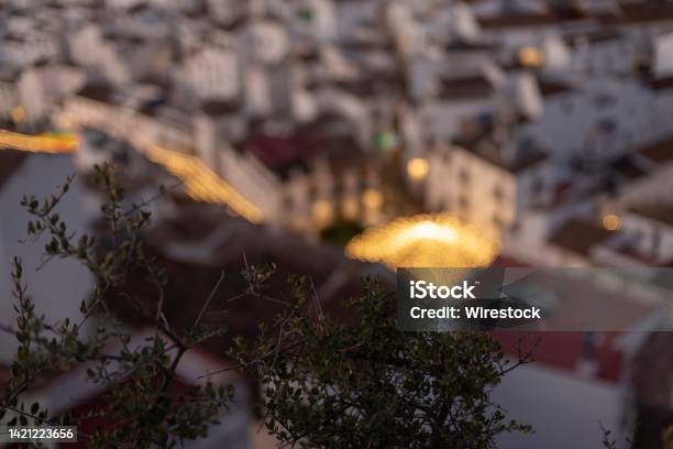 Branches Of A Tree Against The Blurred Cityscape Of Casares Spain Stock Photo - Download Image Now